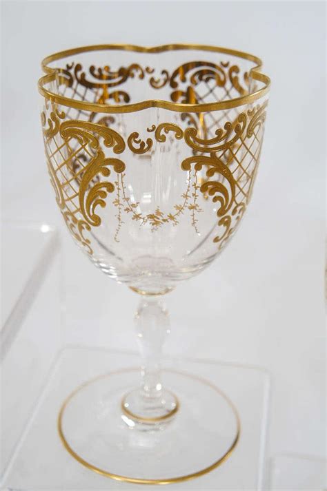 Extraordinary Handblown Quatrefoil Crystal Stemware Service With Raised Gold Complete Services