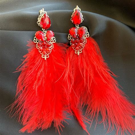 Red Earrings Feather Earrings Long Earrings Etsy Earrings Goddess Bride Long Red White