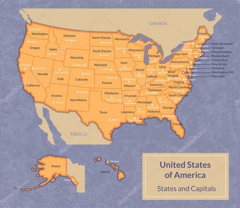 Mapa De Estados Unidos Con Los Estados Y Sus Capitales — Vector De