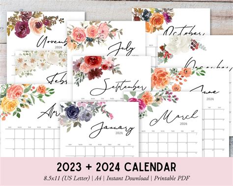 2023 Calendar Printable Watercolor Floral Calendar 2023 Etsy