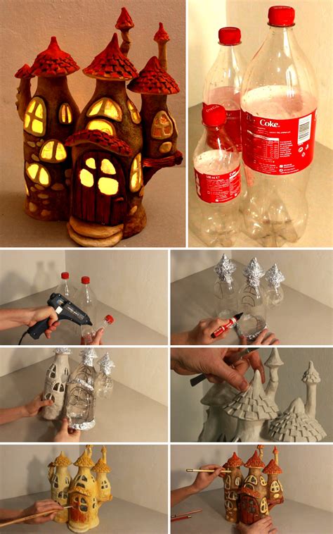 Recycling Some Plastic Bottles Into A Fairy House Lamp Plastic Bottle Crafts Fairy House Diy