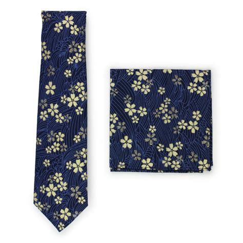 japanese designer tie set navy metallic gold floral tie pocket square set ties