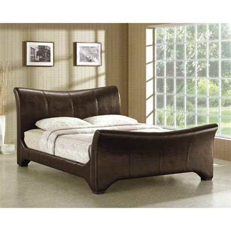 Brown Curved Sleigh Faux Leather Bed Frame Super King Size 6ft