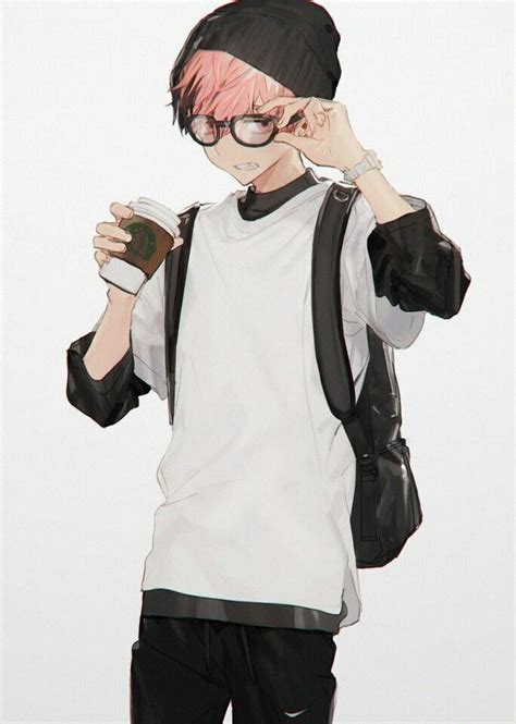 Anime Guy Red Hair Glasses Hipster Coffee Beanie Backpack Cute Anime Guys