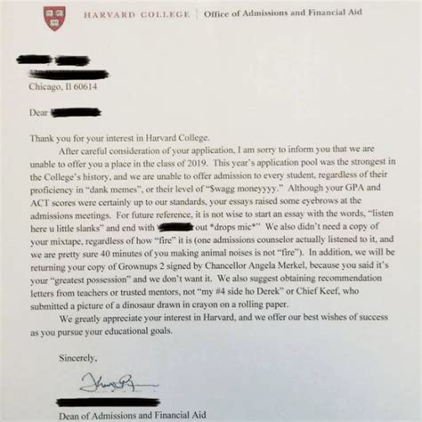 With harvard's acceptance rate of 5%, only the lucky few get to see this. Harvard Sent Out This Rejection Letter - Funny Picture ...