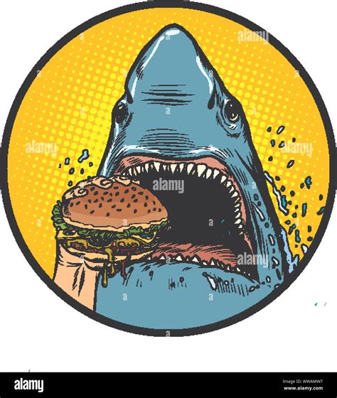 Hungry Shark Eat The Burger Pop Art Retro Vector Illustration Drawing