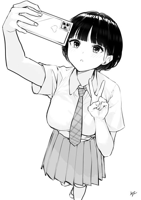Safebooru 1girl O Absurdres Arm Up Bangs Blush Breasts Cellphone Collared Shirt Commentary