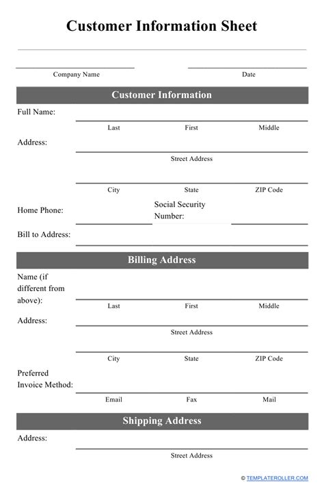 Customer Information Sheet Template Download Printable PDF | Templateroller