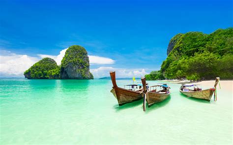 Krabi Island Thailand Beach Ocean Turquoise Water Boats