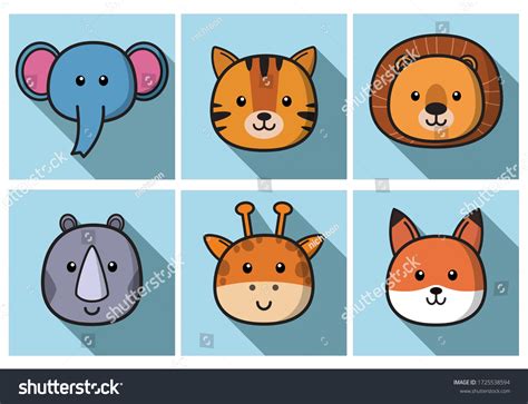 Set Cute Cartoon Animals Face Isolated Stock Vector Royalty Free