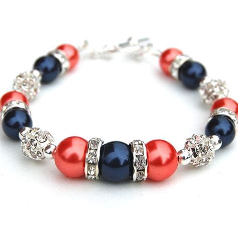 Navy And Coral Pearl Bracelet Bridesmaids Gifts Navy Coral Etsy