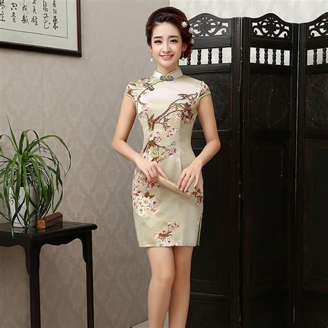 Short Women Cheongsam Flower Printing Summer Chinese Nation Dress