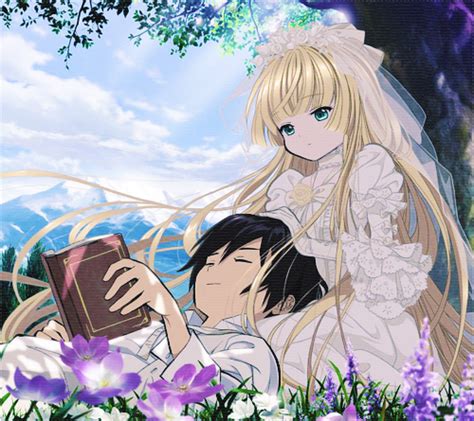An Anime Scene With Two People In The Grass And One Is Holding A Book