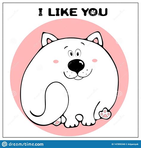 Funny Vector Greeting Card With Cute Fat Cartoon Cat And