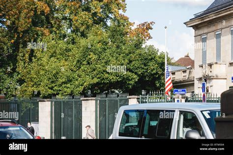 paris france oct 3 2017 us united states american flag flying half mast in court of the us