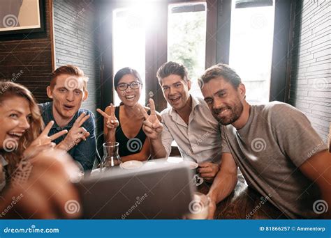 Multiracial People Having Fun At Cafe Taking A Selfie Stock Image Image Of Gathering Asian