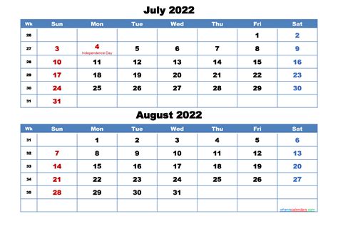 Printable Calendar July And August 2022 Word Pdf