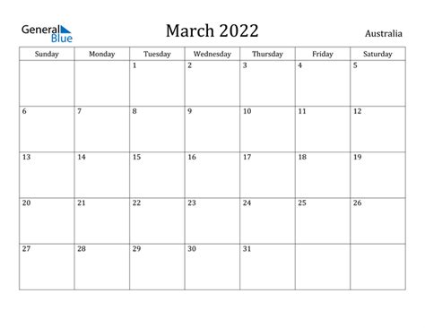 March 2022 Calendar With Australia Holidays