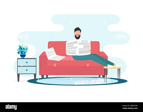 Flat Style Vector Illustration Of Man Reading Newspaper On Comfy Sofa
