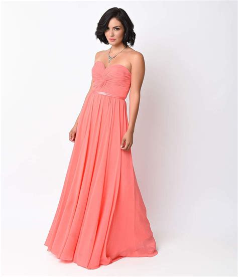 coral chiffon strapless sweetheart corset long gown unique vintage