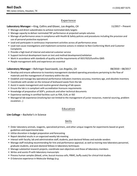 Laboratory Manager Resume Samples Velvet Jobs