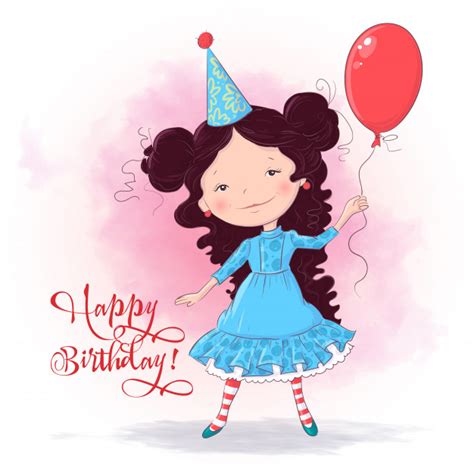 Happy Birthday Illustration With A Cute Girl With Balloon