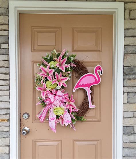 Pink Flamingo Wreath For Front Door Beach Front Door Wreath Etsy