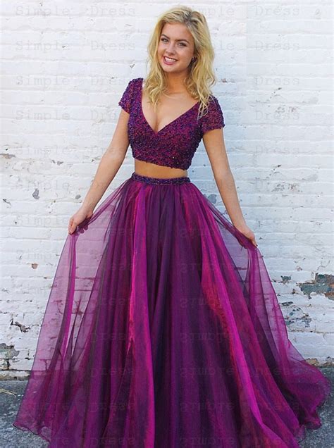 Two Piece V Neck Short Sleeves Purple Tulle Prom Dress With Beading