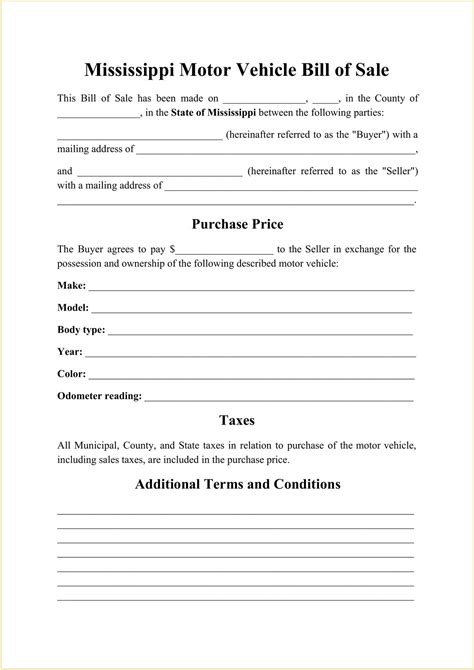 Mississippi Motor Vehicle Bill Of Sale Form Template