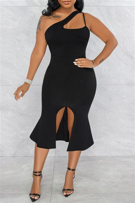 Black Fashion Sexy Solid Hollowed Out Backless Slit One Shoulder