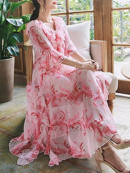 Pink Floral Print Ruffle Bell Sleeve Split Chiffon Maxi Dress