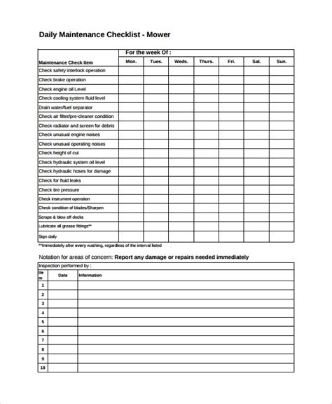 Excel Daily Maintenance Report Format Equipment Maintenance Schedule