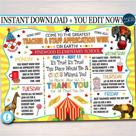 Editable Circus Themed Teacher Appreciation Week Itinerary Poster Big