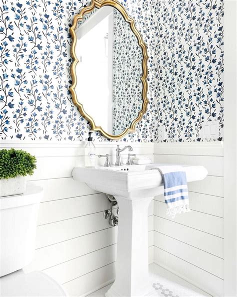 Powder Room With Blue Floral Wallpaper And Shiplap Caitlin Wilson