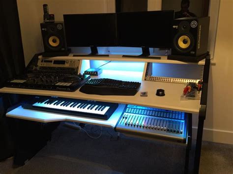 I have yamaha hs8 monitors, 2 analog synths, and a small midi controller. Music Production Desk | Gallery| The desk you deserve-StudioDesk| Koper in 2020 | Music studio ...