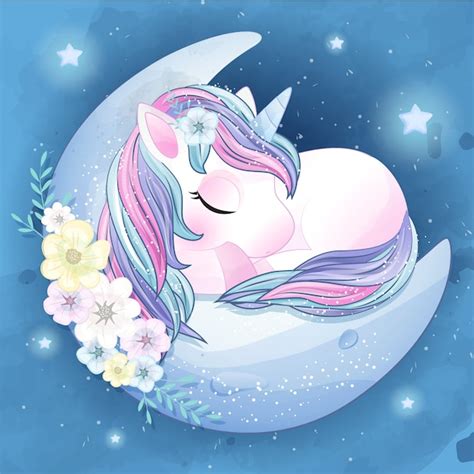 Hand Drawn Cute Unicorn Sleeping In The Moon Premium Vector