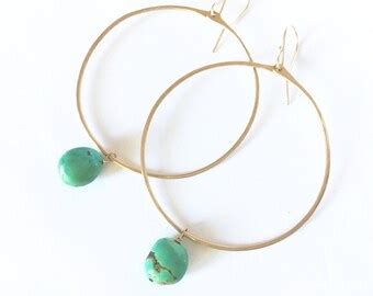 Long Turquoise Earrings Sterling Silver Hoops Turquoise
