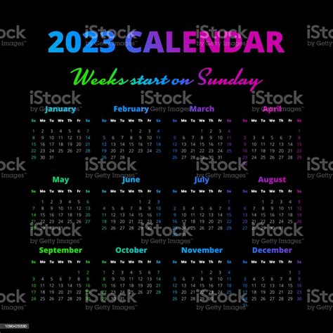 Simple 2023 Year Calendar Weeks Start On Sunday Stock Illustration