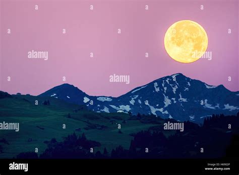 Big Full Moon Over The Swiss Alps Pink Sky Flims Canton Of Grisons