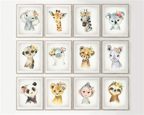 Cute Animals Print Set Of 12 Watercolor Zoo Baby Animal Nursery Wall