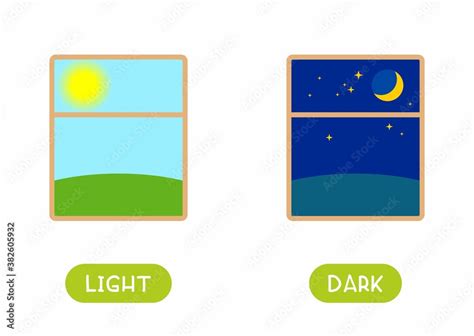 Light And Dark Antonyms Word Card Vector Template Flashcard For