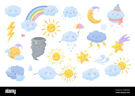 Cute Weather Cartoon Weather Characters With Happy Faces Clouds