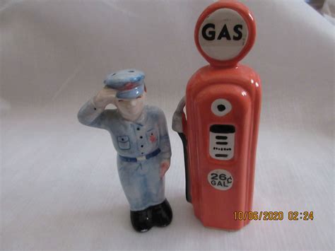 gas pump and attendant salt and pepper shakers vintage etsy salt and pepper gas pumps