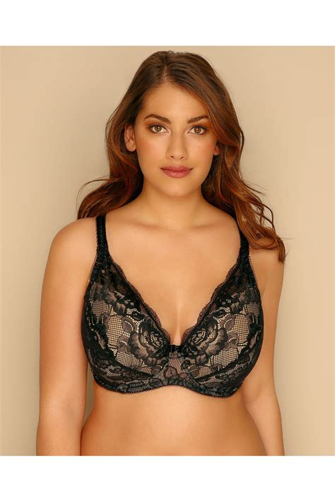 Black Nude Rose Lace Underwired Bra With Moulded Cups Yours Clothing