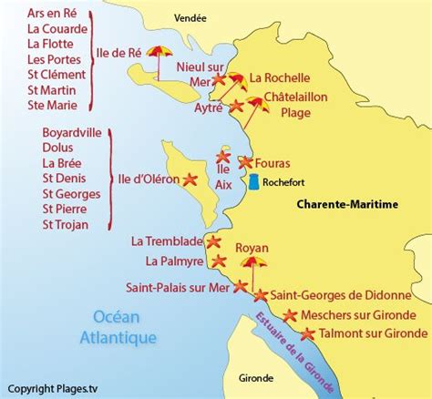 Carte des plages et des stations balnéaires de la Charente Maritime La Rochelle Station