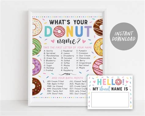 Donut Name Sign Printable Whats Your Donut Name Game Girl Etsy Uk