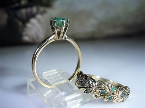 10k Emerald Bridal Ring Set Green Emerald Engagement Ring Antiqued