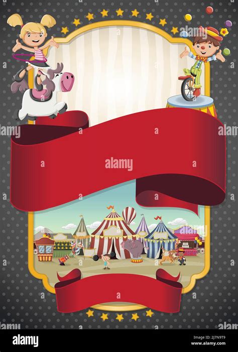 Poster With Cartoon Characters And Animals In Front Of Retro Circus