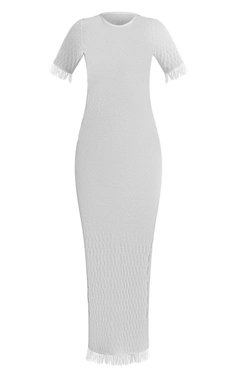 White Wave Raw Edge Sheer Knit Maxi Dress Prettylittlething Aus