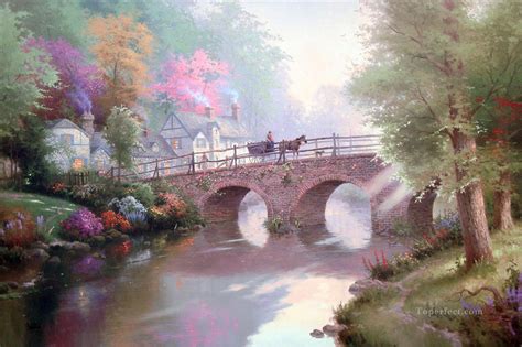 Hometown Bridge Thomas Kinkade Landscapes Stream Painting In Oil For Sale